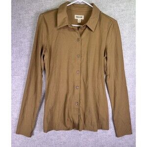 Open Edit Stretch Knit Tan Long Sleeve Collared Button Up Blouse Size Medium
